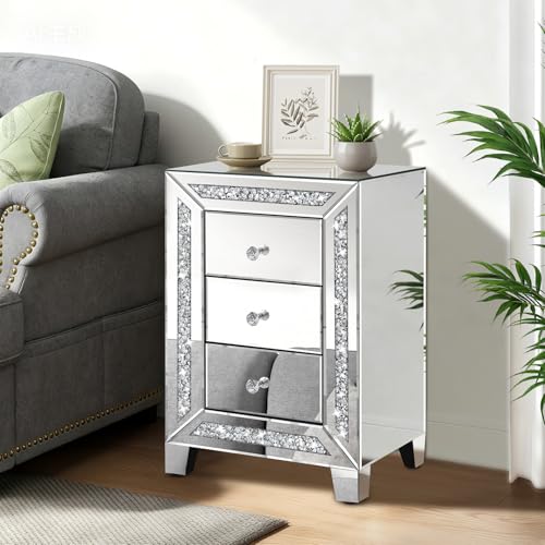 GA Home Crushed Diamond Mirrored Nightstand Silver End Table with 3 Drawers Crystal Handle Mirrored Bedside Table for Bedroom Living Room No Assembly Needed