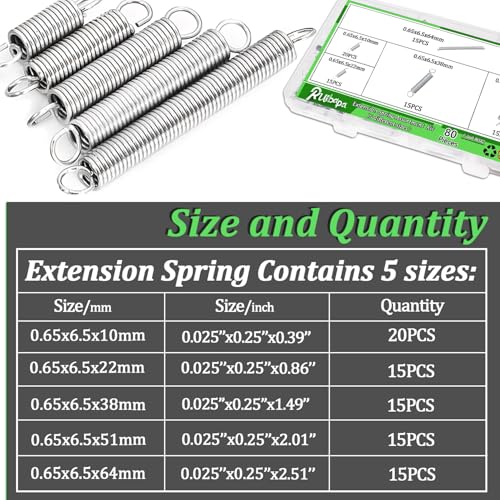 Image of 80 PCS Extension Spring Assortment Kit 5 Different Sizes, 0.025 inch Wire Diameter, 1 /4 inch Outside Diameter, 13 /32 inch to 2-1 /2 inch Length,Zinc Plated Extension Springs for Home Repairs & DIY