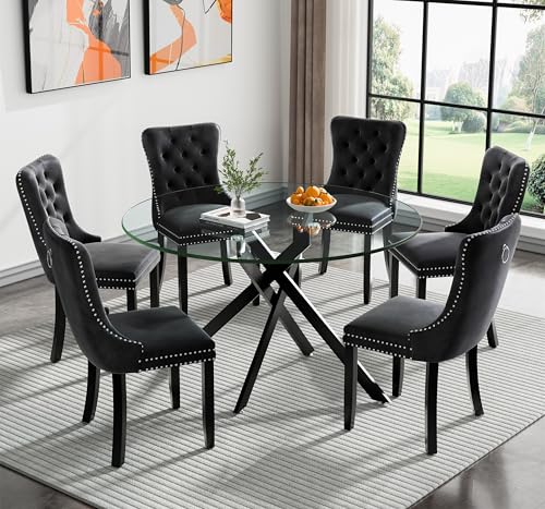 SSLine 7-Piece Round Glass Dining Table Set for 6, Modern Glass Kitchen Table and Chair Set for 6, 47.2