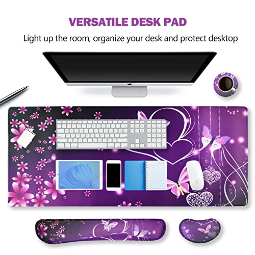 Image of ARTSO Large Gaming Mouse Pad, Keyboard Wrist Rest Pad & Wrist Support Mousepad Set, Stitched Edge, Extended, Non-Slip Base, Memory Foam Desk Mat for Office, Home, Purple Heart Butterfly