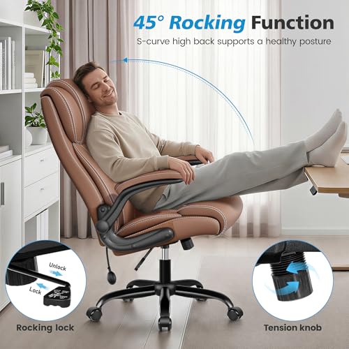 Image of Ergonomic Office Chair - High Back Leather Desk Chair with Adjustable Lumbar Support & Flip-Up Arms, Premium Padded Seat for Home Office Desk, Brown