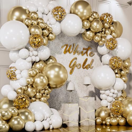 ALL-IN-1 White and Gold Balloons Garland & Arch Kit – Small and Large Gold and White Balloons – Party Decorations for Wedding, Birthday, Bridal Shower, Baby Shower, Graduation, Confetti