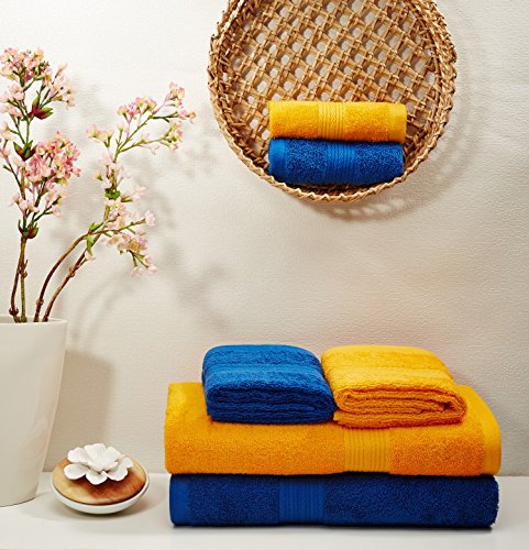Image of Amazon Brand - Solimo 100% Cotton 6 Piece Towel Set, 500 GSM (Iris Blue and Sunshine Yellow)
