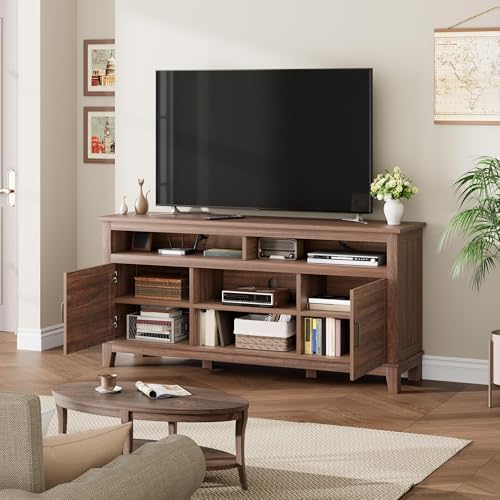 Image of 63 Inch TV Stand for Televisions Up to 70 Inches, Rustic Farmhouse Media Console with Height-Height-Customizable Shelves & Cabinet Doors, Entertainment Center for Living Room or Bedroom,Brown