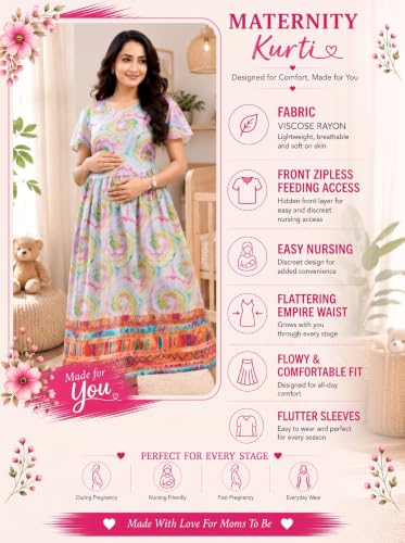 Image of RITIJYA Zipless Feeding Kurta Dress for Women | Maternity Nursing Kurti, No-Zip Easy Access | Extra Pleats Pre to Post Pregnancy | Quick-Dry Fabric | S-4XL