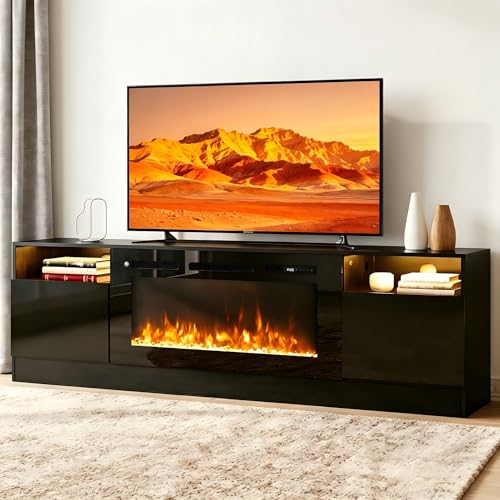 Image of MXV 80 inch Fireplace TV Stand for TVs Up to 90 inch, LED Light Entertainment Center with 36 inch Electric Fireplace, Modern Wood Texture TV Media Console with Highlight Storage Cabinet, Black+Black