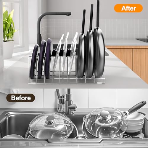 Image of FLSEPAMB Stainless Steel, Alloy Steel Lid Organizer Pot Lid Organizer 10-Tier Pot Lid Rack Holder Suitable for Bakeware Dish Plate, Cutting Boards, Pots & Pans (1 Pack), Free Standing, Tiered Shelf