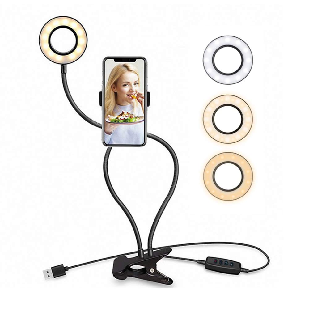 Selfie Ring Light with Cell Phone Holder Stand Live Stream LED Camera Lighting [3-Light Mode] [10-Level Brightness] with Flexible Arms Compatible with iPhone 8 7 6 Plus X Android
