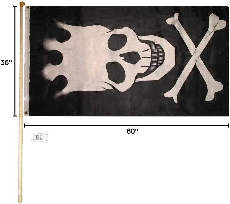 3x5 3'x5' Pirate Skull with Crown Polyester Flag with 5' (Foot) Flag Pole Kit with Wall Mount Bracket & Screws (Imported)