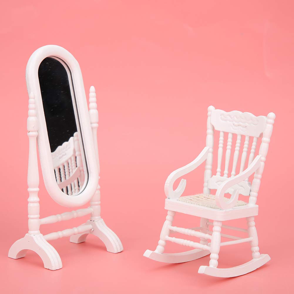 RiToEasysports Ensemble de Meubles de Maison de Poupée, 1:12 Mini Meubles Lit Double Miroir Long Table de Chevet Chaise Armoire Accessoires de Maison de Poupée(6 Trousses)