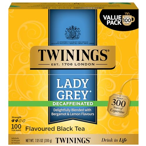 Twinings Decaffeinated Lady Grey Black Tea Individually Wrapped Bags, 100 Count (Pack of 1), Orange Peel & Lemon Peel, Fresh and Uplifting, Caffeinated, Enjoy Hot or Iced, 100 Teabags