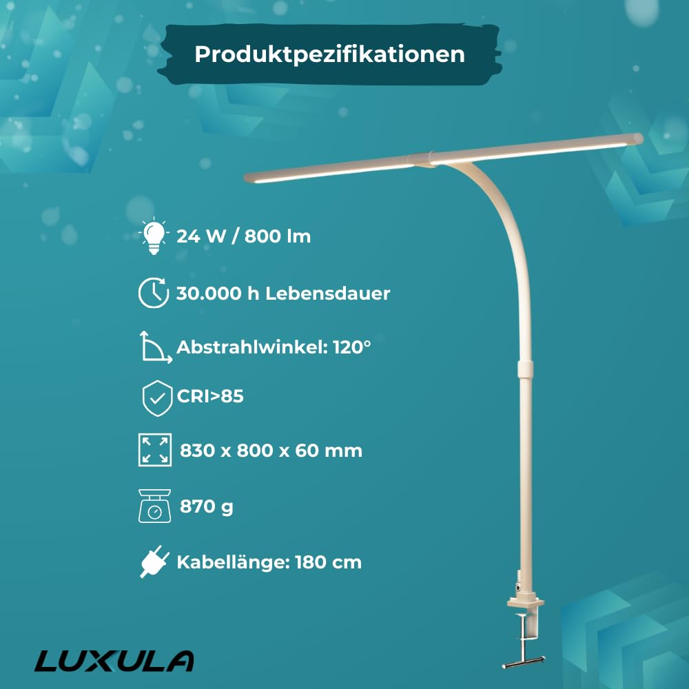 LUXULA LED Doppelkopf Schreibtischlampe, klemmbar, dimmbar, 5 Farbtemperaturen, flexibel einstellbar, 24W, 800lm, weiß - Tischleuchte Bürolampe Monitorlampe Büro Arbeitsplatz