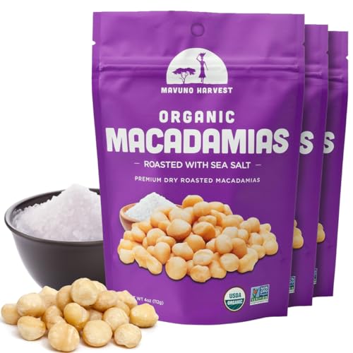 Mavuno Harvest Organic Roasted Macadamia Nuts with Sea Salt | Dry Roasted Whole Macadamia Nuts | Vegan, Non GMO Healthy Snacks for Kids and Adults | Office Friendly Work Snack | 4 Ounce, Pack of 3