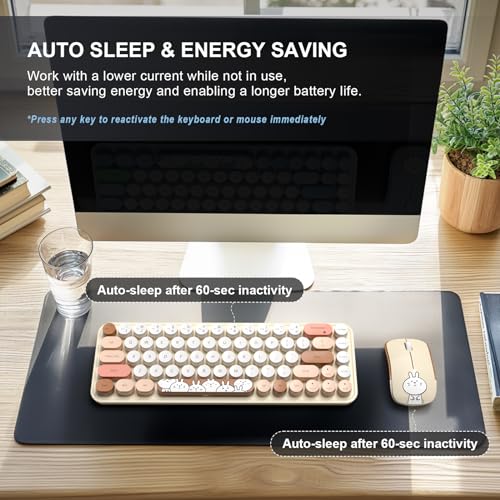 Image of FOPETT Wireless Keyboard and Mouse Cute Mouse and Keyboard 2.4G Wireless Keyboards with Colorful 68 Keys Typewriter Retro Round Keycap for PC, Laptop,Tablet,Computer Windows - Milk Tea Colorful