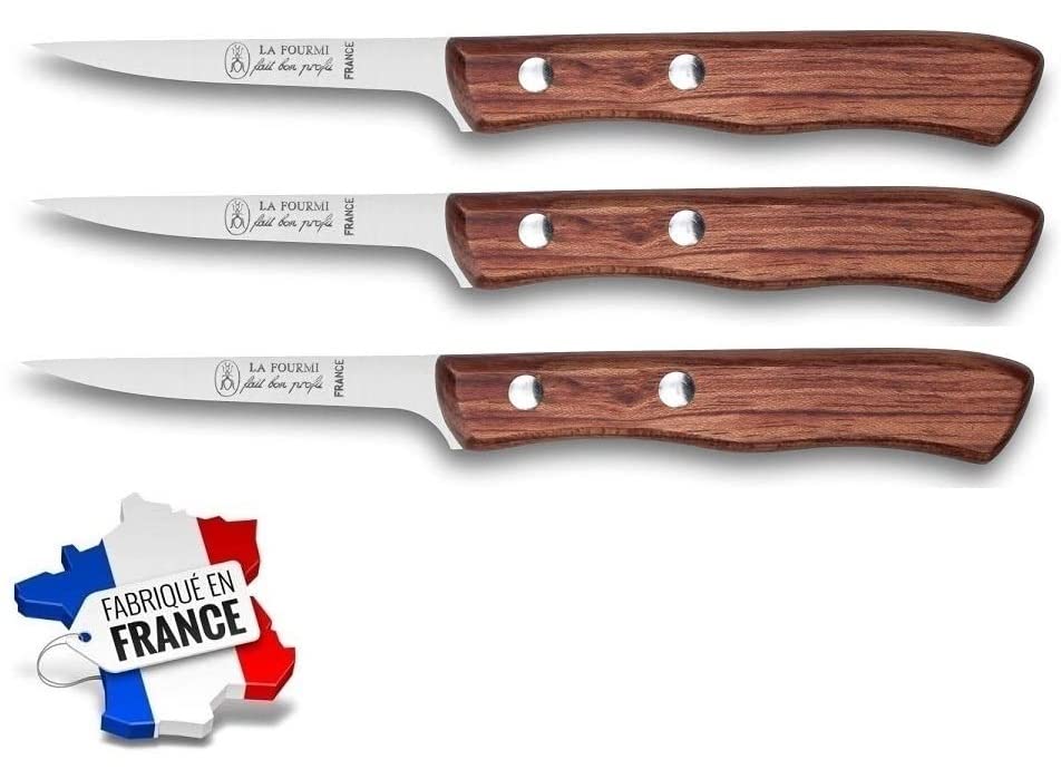 LOT DE 3 COUTEAUX SAIGNE POULET INOX MANCHE BOIS LA FOURMI - USTENSILE CUISINE COUTEAU SAIGNER TUE-COQ VOLAILLE - RÉF 11005