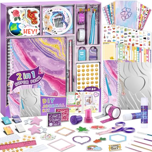 PERRYHOME DIY Journal Kit for Girls Ages 8-14, 2-Pack Journal Set for Tween & Teen Girls, Scrapbook & 100+Pcs Diary Supplies Set,DIY Stationery Set, Gifts for 8 9 10 11 12 13 14 Year Old Girl Birthday