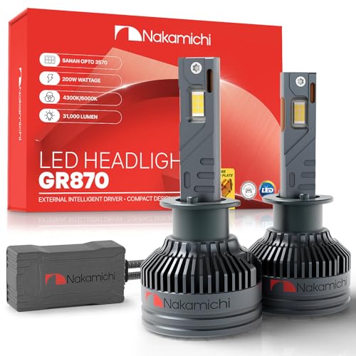 Image of Nakamichi GR870 Series H1 LED Light Bulbs for Replacement, 31,000 Lumens 200W Per Set, Super Bright Cool White, Plug and Play, High & Low Beam, Pack of 2, 4300K, H1