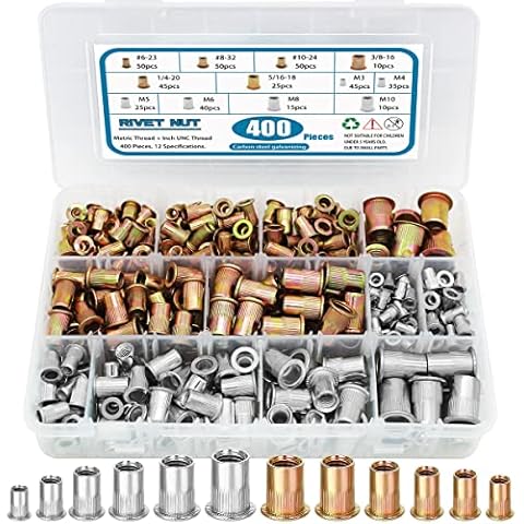 SATANTECH 400Pcs Rivnuts Nutserts Kit, SAE & Metric Rivet Nuts Assortment UNC Threaded RIV Nut Sert, 1/4-20, 3/8-16, 5/16-18, 10-24, 8-32, 6-32 and M3 M4 M5 M6 M8 M10 Cover