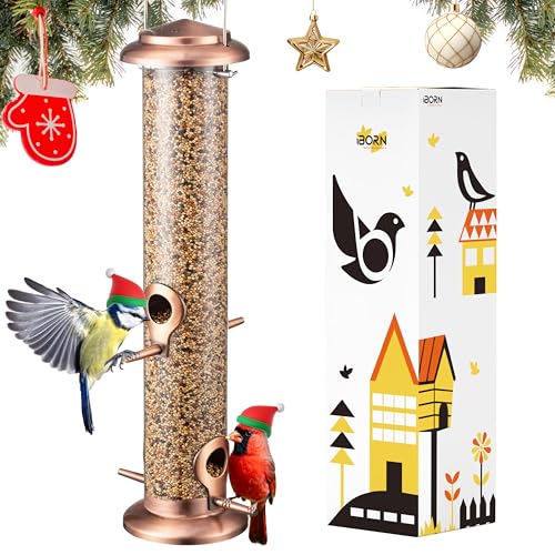 iBorn Metal Bird Feeders Metal Bird Feeder Copper for Outdoors Hanging All Copper Finishing 14 Inch 4Port(Seed is not Included)