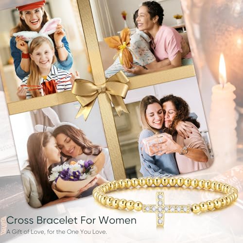 Gold Cross Bracelet for Women - 14K Gold Plated Stretch Beaded Bracelet - image 5