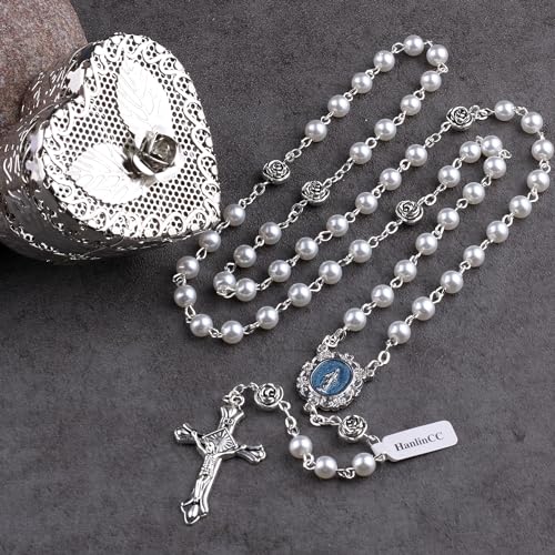HanlinCC 6mm Glass Pearl Beads Catholic Rosary Necklace with Metal Heart Rose Gift Box4