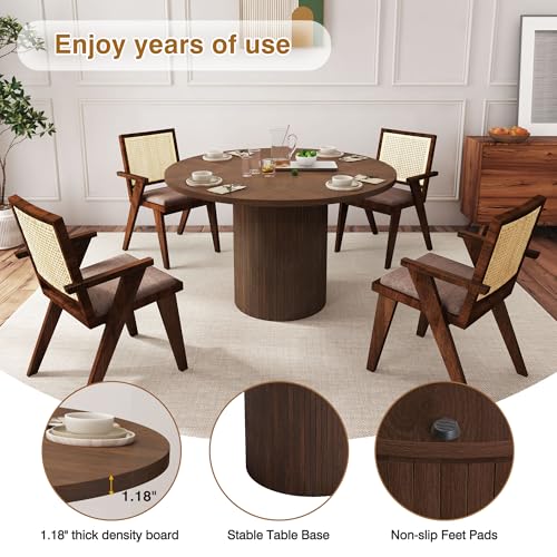 47 Inch Round Dining Table, Farmhouse Fluted Dining Kitchen Table, Modern Wood Small Circle Dining Table for Kitchen Living Room, Walnut - Thumbnail 4
