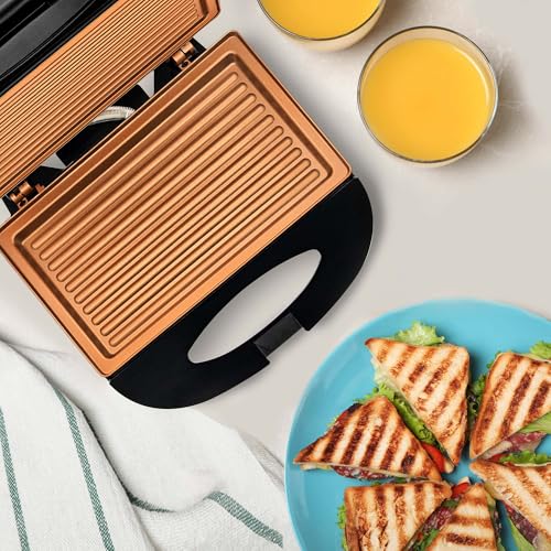 OVENTE Electric Panini Press Grill with Nonstick Plates, LED Indicator Lights, Thermostat Control, Compact Sandwich Maker Perfect for Cooking Breakfast, Steaks, Eggs Snacks & More, Copper GP0110CO