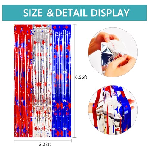 Image of TONIFUL 4th of July Decorations,Red White and Blue Tinsel Foil Fringe Curtains,Independence Day Photo Booth Backdrop,America Star Metallic Door Streamers for Patriotic Party Memorial Day Labor Day