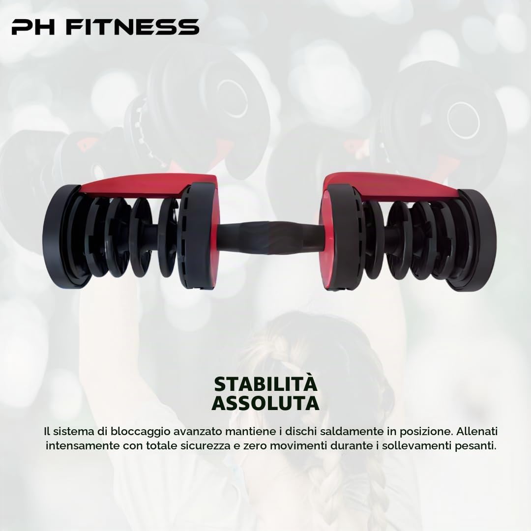 PH Fitness Manubrio Regolabile Premium 24kg – Singolo – 15 in 1 con Regolazione a Una Mano – 2,5-24kg – Compatto e Salvaspazio – Per Allenamento a Casa