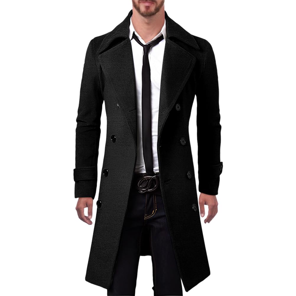Manteau en Laine pour Homme Long Manteau Veste en Laine Trench Coat Chaud Vêtements Deux Boutonnages Pardessus Parka Coupe Vent Outerwear Vintage Blousons