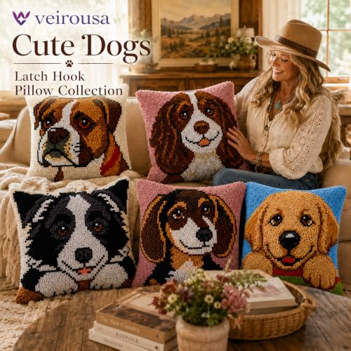 Image of veirousa Border Collie Latch Hook Pillow Kits for Adults Beginners | Pre-printed Cute Puppy Latch Hook Rug Set, Easy Cushion DIY Craft Gift for Pet Lovers & Home Decor