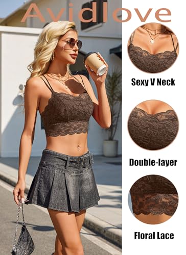 Image of Avidlove Bralettes for Women Lace Camisole V Neck Double-Layered Adjustable Strap Tank Cami Crop Top