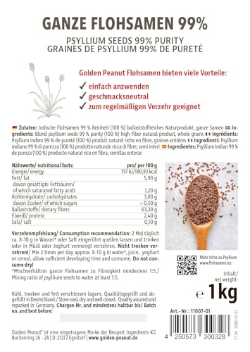 GOLDEN PEANUT Flohsamen ganz 1 kg - 99% Reinheit, ballaststoffreich, ohne Zusätze, aus Indien, vegane und glutenfreie Backzutat