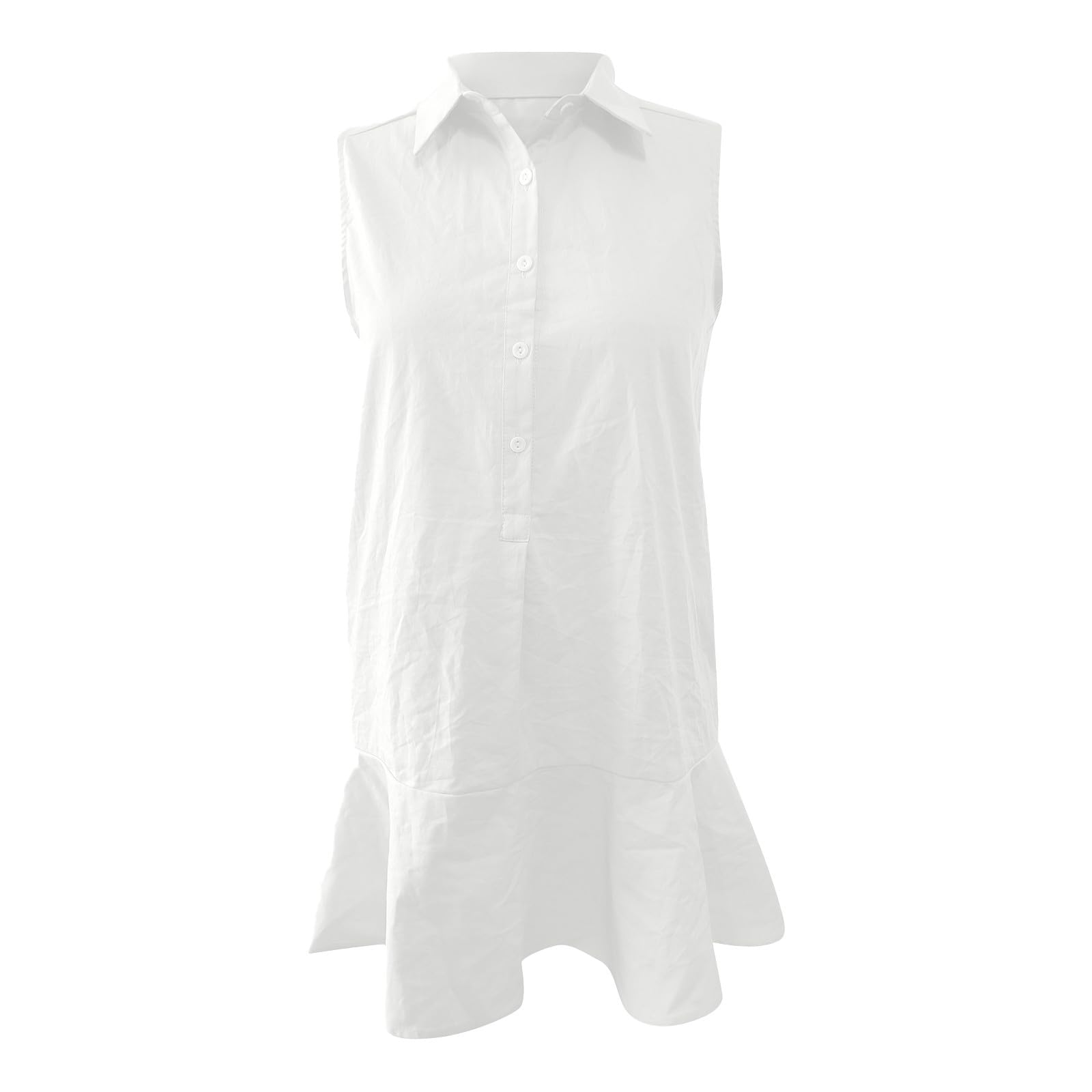 Generisch Vestido camisero de algodón sin mangas para mujer, vestido de cambray dulce con botones y dobladillo con volantes y bolsillos prácticos