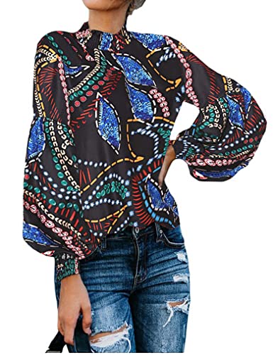 Womens Shirts Floral Printed O-Neck Long Sleeves Geometric Pattern Blouses Casual Tops Diamond,L #TOP2