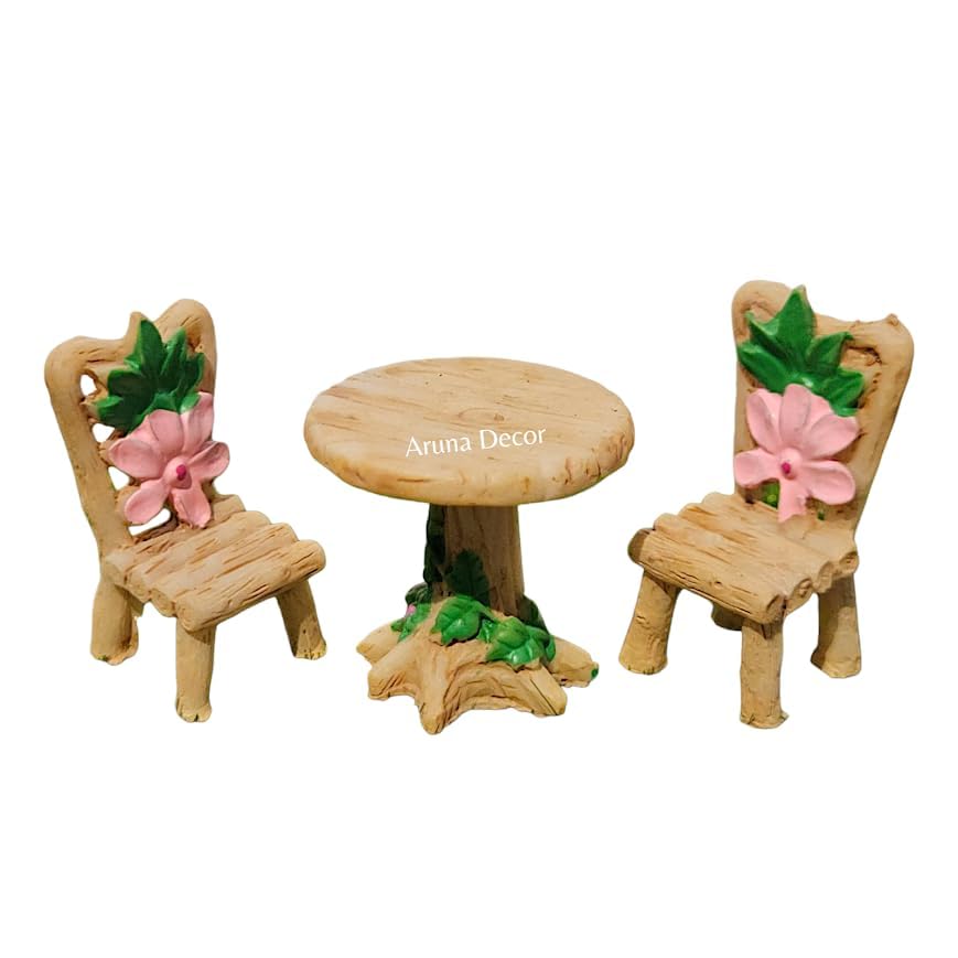 Image of Miniature Table Chair Set for Kids, Garden Decor, Doll House Accessories, Miniature Garden Decoration, 4cm (Brown Chair Table)