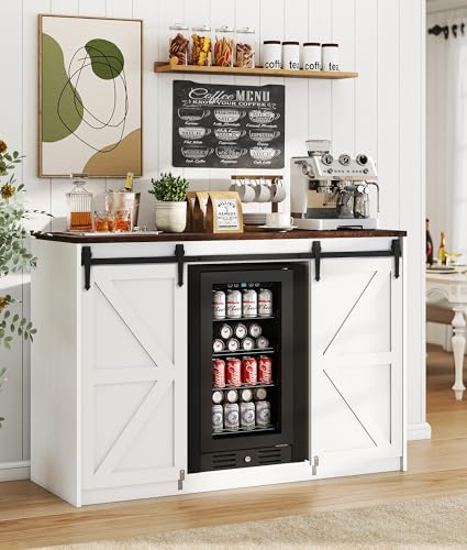 Lamtor Coffee Bar Cabinet With Storage - 53' Farmhouse Coffee Bar With Barn Doors, Mini Fridge Cabinet With Power Outlet For Kitchen Dining Room Living Room, White