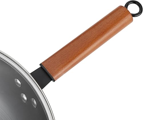 Miniatura 6 de Juego de woks y sartenes para freír de 13 pulgadas con tapa y mango de madera, sartén china sin productos químicos para inducción, gas, halógenas