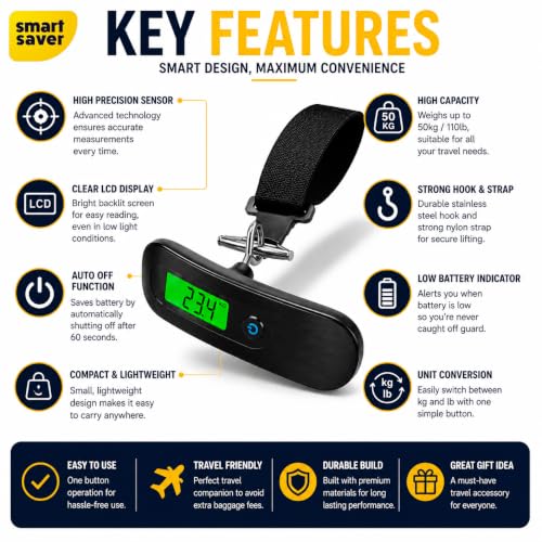 Image of Smart Saver Weight Machine for Luggage - 50 kg capacity, Black Steel body, 1 Year replacement - Digital Portable Electronic Luggage Weighing Scale for home, travel, flights, bags (Upto 50 kg)
