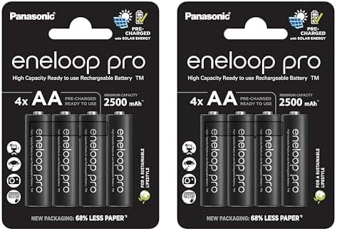 eneloop pro, AA/Mignon NI-MH Akku, 4er-Pack, Kapazität mit min. 2500 mAh, Ready-to-Use NI-MH Akkus, bis zu 500 Mal wiederaufladbar, plastikfreier Verpackung, pro, schwarz (Packung mit 2)