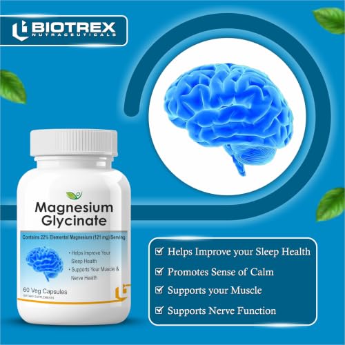 Image of Biotrex Nutraceuticals Magnesium Glycinate | Highest Bioavailability | Cramps, Sleep & Mood balance | Chelated Form With Superior Absorption | Muscle Recovery & Nerve Function | 60 Veg Capsules