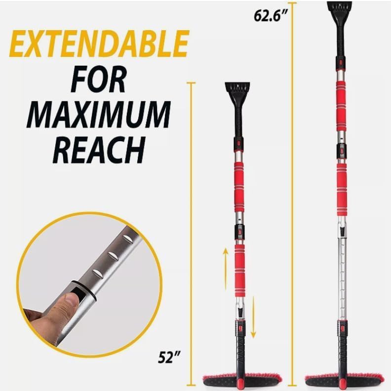 62" Portable Extendable Snow Brush and Ice Scraper 360° Pivoting Brush Head