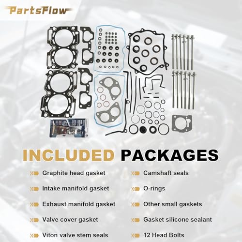 Image of Partsflow Head Gasket Set W / 12 Head Bolts Compatible with Subaru Legacy 2000-2003, Outback 2000-2003, Impreza 1999-2003,Forester 1999-2003, Subaru Baja 2003 2.5L OE#ES72212