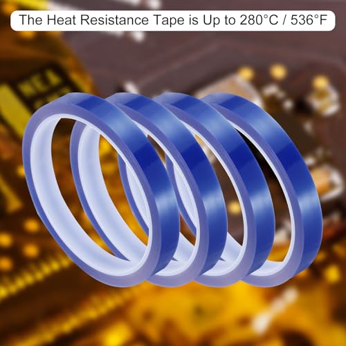 Image of uxcell Blue Heat Tape, 4 Rolls 12mmx33m 108ft High Temperature Heat Resistant Tape for Sublimation,Heat Vinyl Press,Heat Transfer, Circuit Board, No Residue