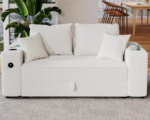 AMERLIFE 66 Loveseat Sofa with Storage USB Ports & Cup Holders White