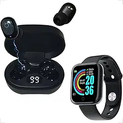 Fone de Ouvido Bluetooth Sem Fio 5.0 Intra-auricular Compativel com Todos os Aparelhos Carregamento Rápido + SmartWatch Relógio Inteligente Monitor de Frequência Cardíaca Compatível Android e IOS