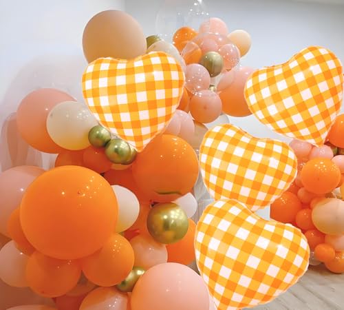 Image of 4pcs 18 inch Orange Heart Checked Balloons Striped Plaid Heart Foil Balloons for Spring Party Decorations Picnic Party Decor Love Theme Birthday Party Wedding Baby Shower Versatile Party Decor