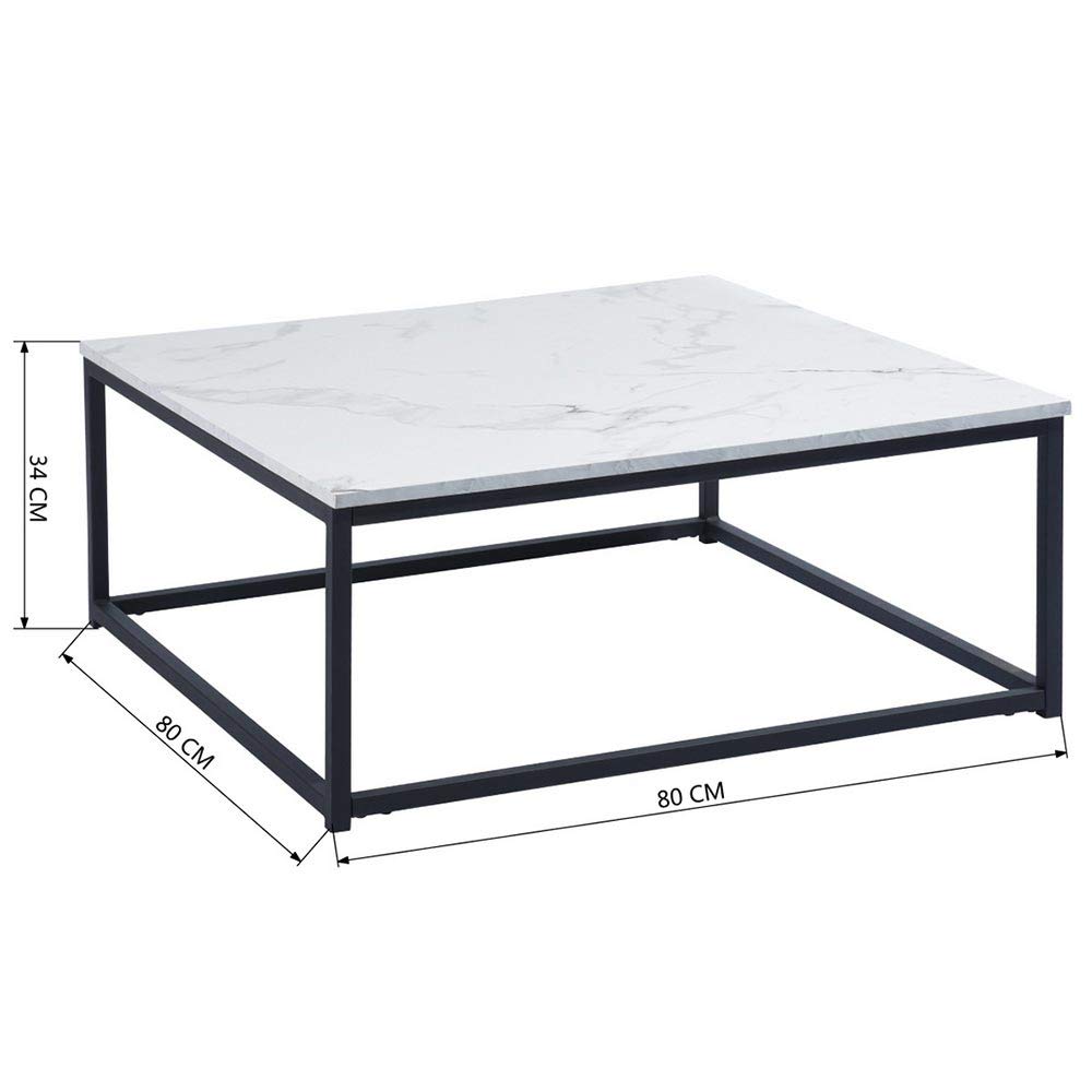 BAKAJI Tavolino Divano Tavolo caffè da Salotto Quadrato Design Moderno Industriale Struttura in Metallo con Piano d'appoggio in Legno MDF Dimensione 80 x 80 x 34 cm (Effetto Marmo)