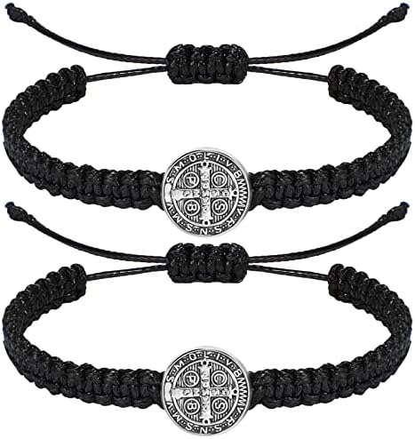 Fumete 2 Pcs Catholic Bracelet Saint Benedict Medal Bracelet Adjustable String Bracelets Religious Gifts for Men Women Gifts