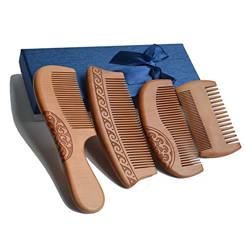 4 Pcs The Family Of Hair Comb set - Wood with Anti-Static & No Snag Handmade Brush for Beard, Head Hair, Mustache With Gift Box